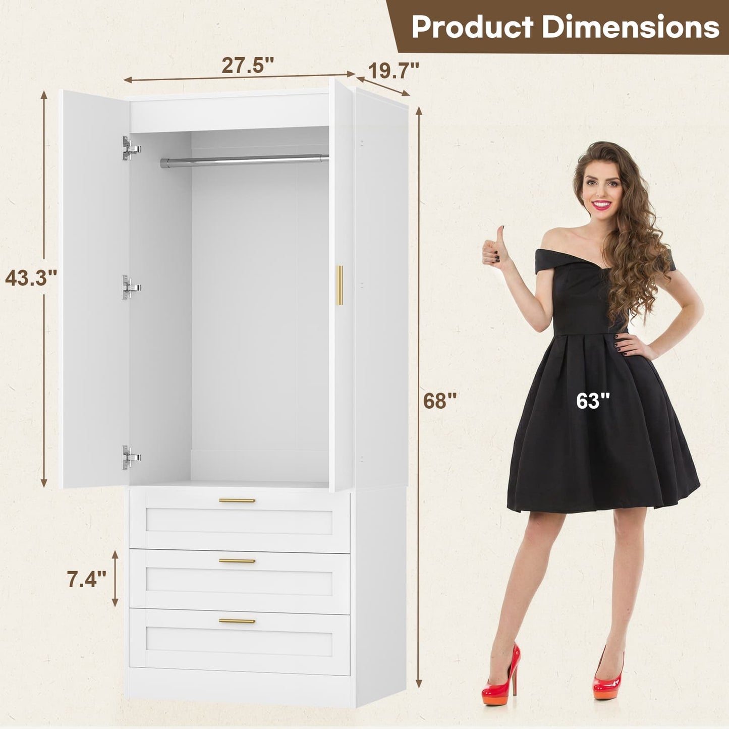71" Tall Armoire Wardrobe Closet - 3 Drawers, Doors & Hanging Rod, Extra Deep 20" Bedroom Storage with Soft-Close Hinges