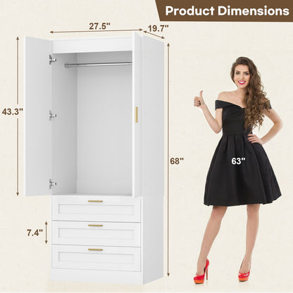 71" Tall Armoire Wardrobe Closet - 3 Drawers, Doors & Hanging Rod, Extra Deep 20" Bedroom Storage with Soft-Close Hinges