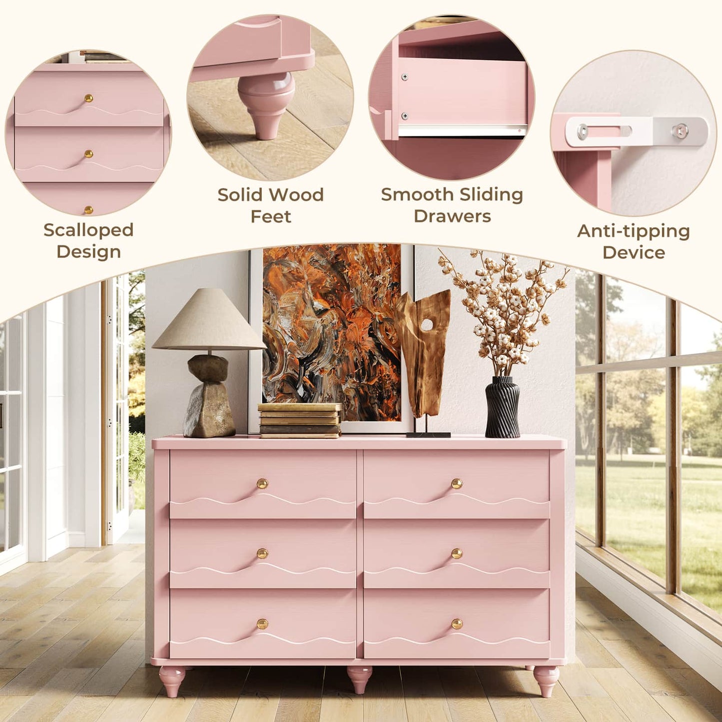 6-Drawer Dresser for Bedroom - 43" Modern Chest of Drawers with Scalloped Front, Storage Organizer