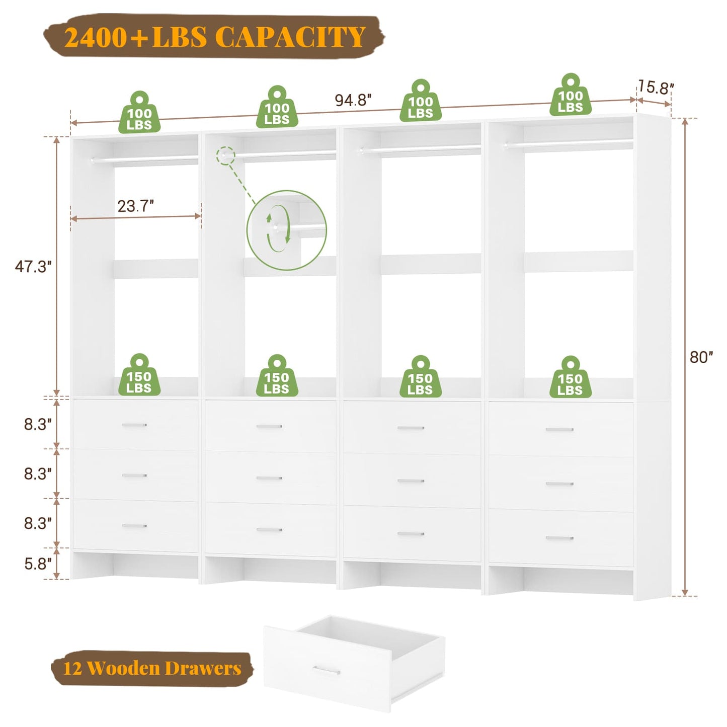 8FT Closet System with Wooden Drawers