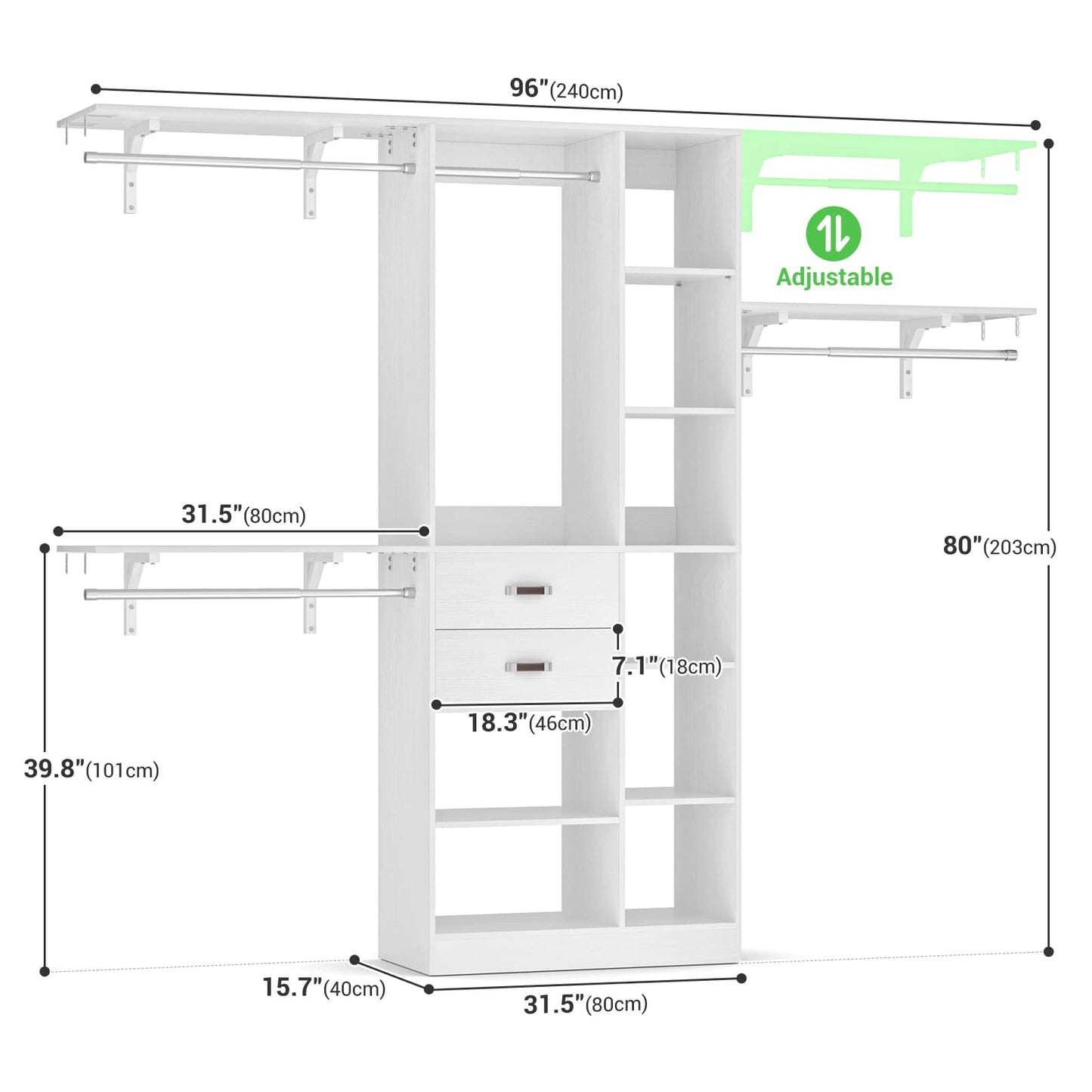 8FT Closet Organizer System with Wood Drawers
