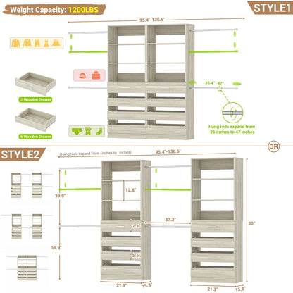 Adjustable Closet Organizer System (6-15Ft) with 8 Wooden Drawers & Modular Tower