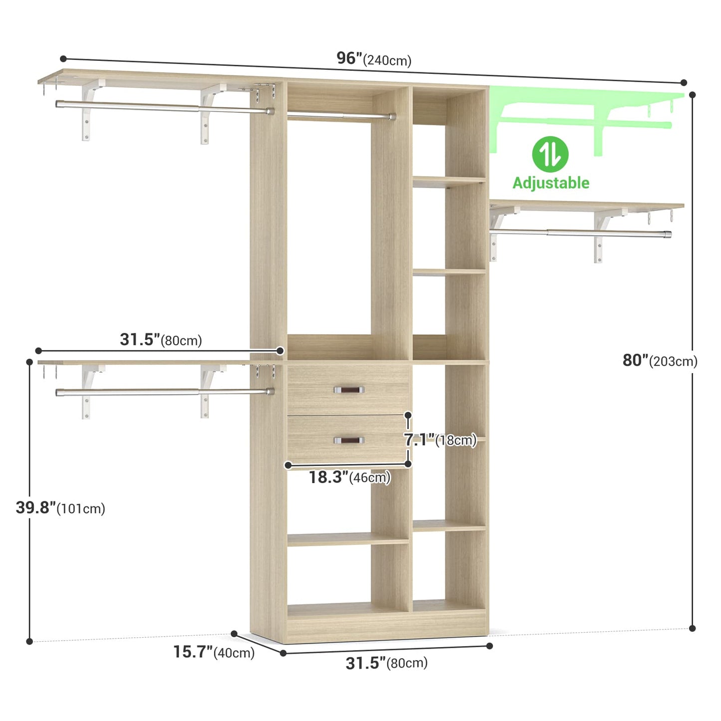 8FT Closet Organizer System with Wood Drawers