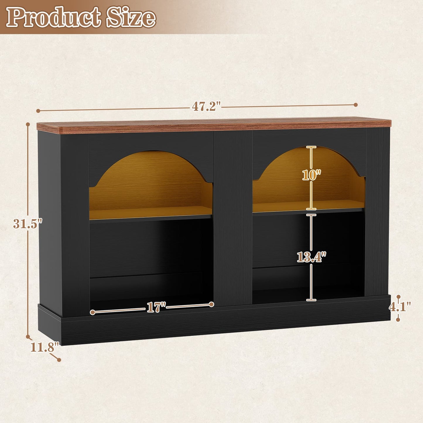 47" Arched LED Entryway Table - Farmhouse Console Table with Adjustable Shelves, Sofa Table, Sideboard Buffet Storage Cabinet