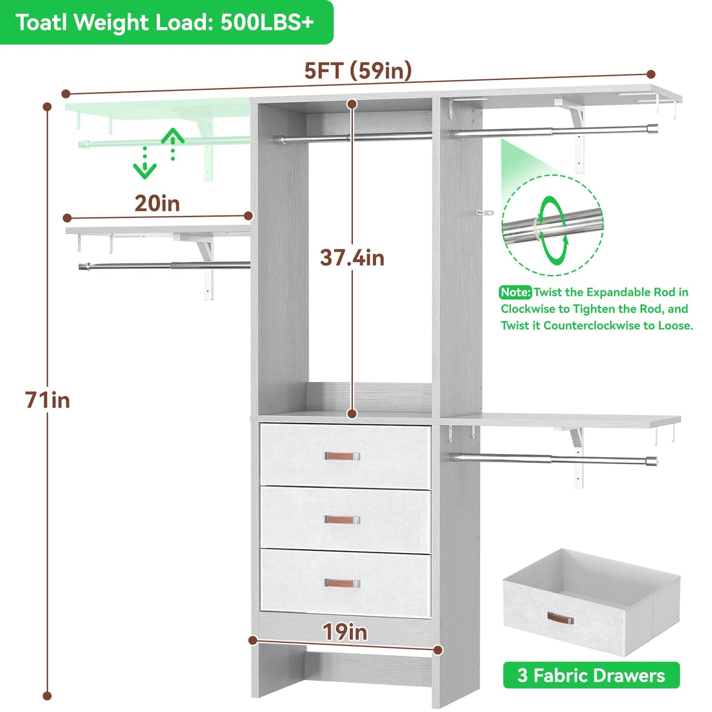 59'' W Small Closet System with 3 Fabric Drawers