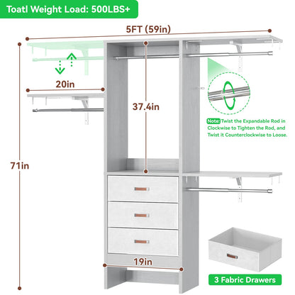 59'' W Small Closet System with 3 Fabric Drawers