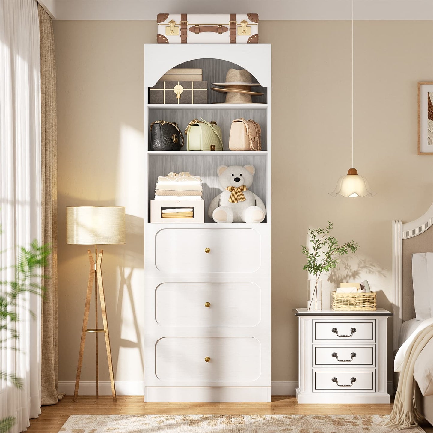 80" Tall Arched Bookcase with 3 Drawers & 3 Open Shelves - Wooden Storage Cabinet for Living Room, Kitchen