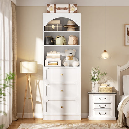 80" Tall Arched Bookcase with 3 Drawers & 3 Open Shelves - Wooden Storage Cabinet for Living Room, Kitchen