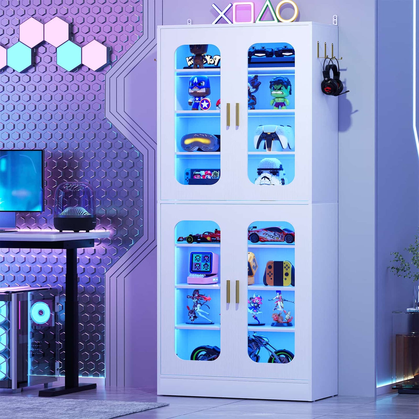 8-Tier LED Shoe Cabinet with Adjustable Shelves - 67 inch Tall Shoe Racks with Hooks for Entryway, Living Room, 24-32 Pairs