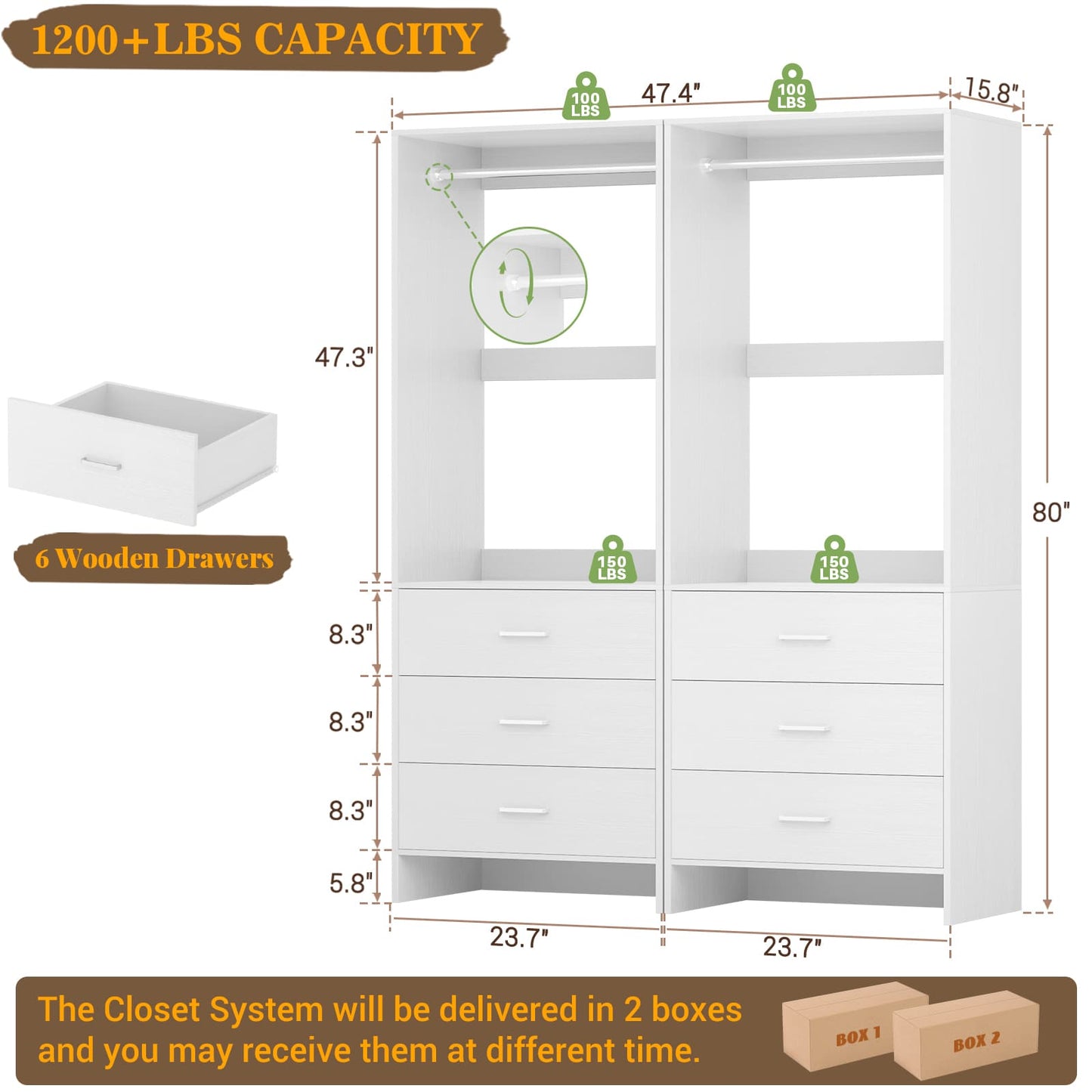4FT Closet System with Wooden Drawers