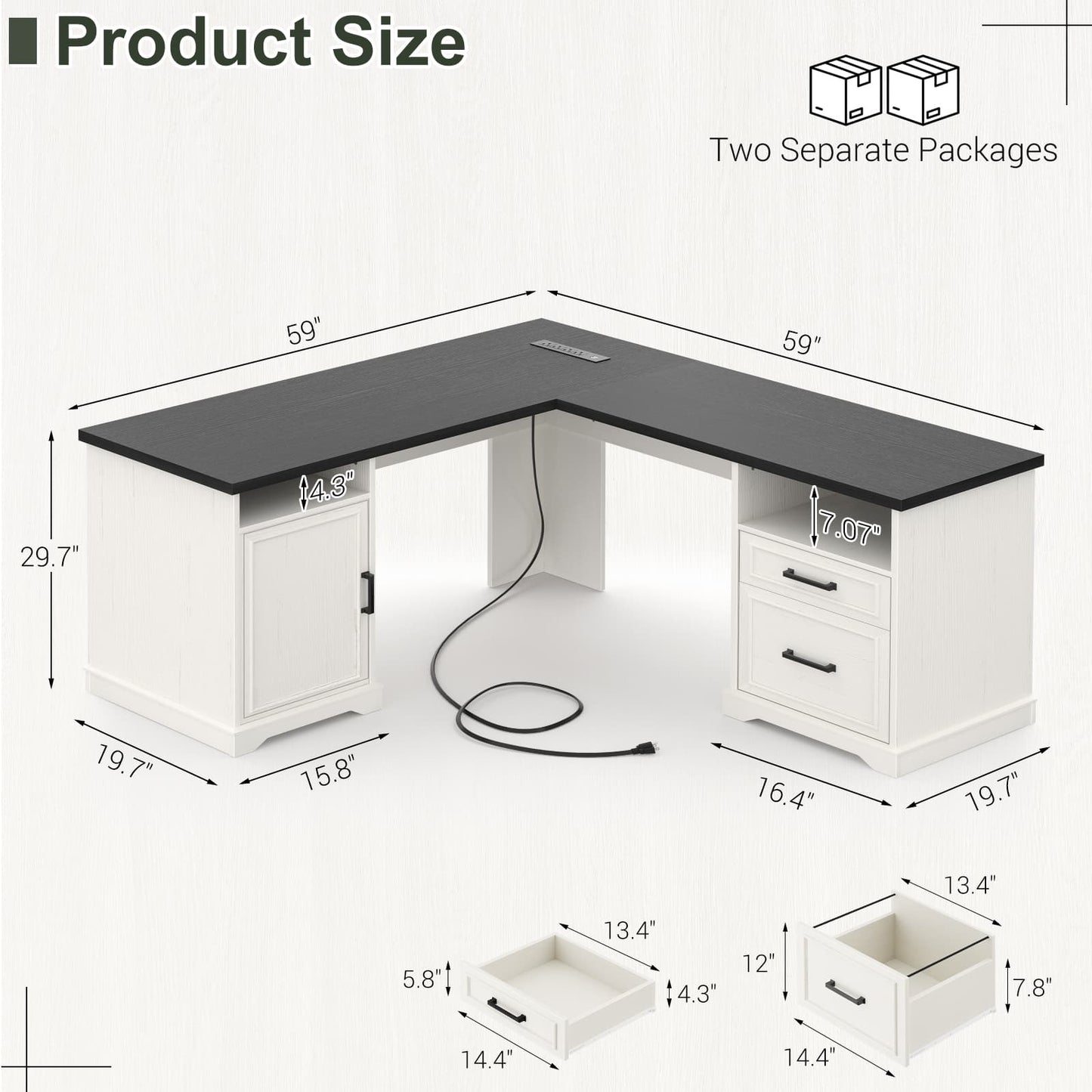 L Shaped Executive Desk with File Drawers, 60" Corner Computer Desk with Power Outlets
