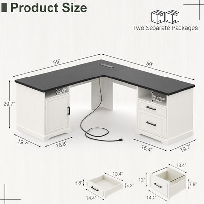 L Shaped Executive Desk with File Drawers, 60" Corner Computer Desk with Power Outlets