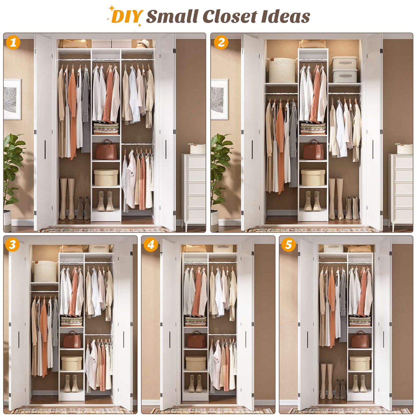 4FT Small Closet System with 4 Closet Rods & 3 Shelves