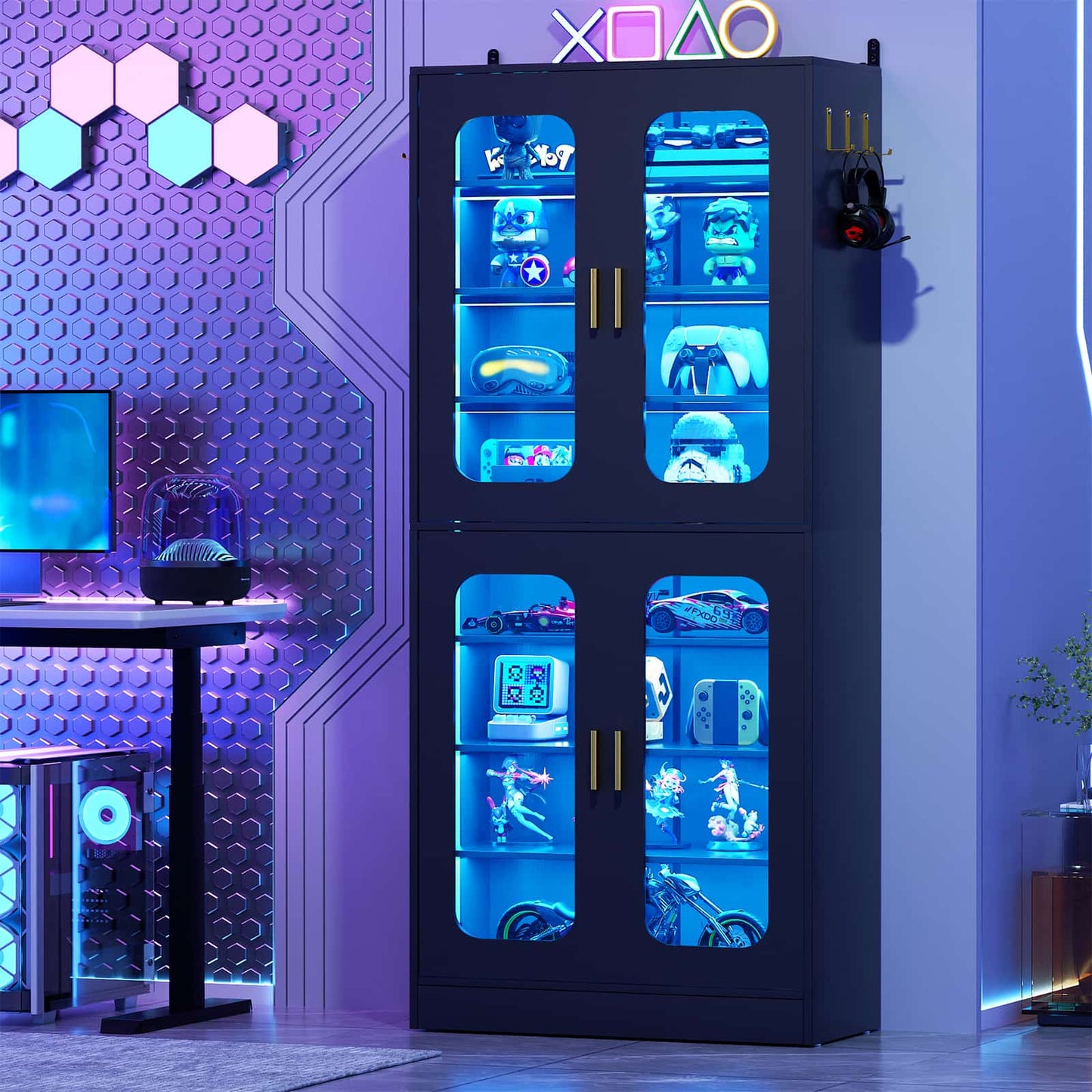 8-Tier LED Shoe Cabinet with Adjustable Shelves - 67 inch Tall Shoe Racks with Hooks for Entryway, Living Room, 24-32 Pairs