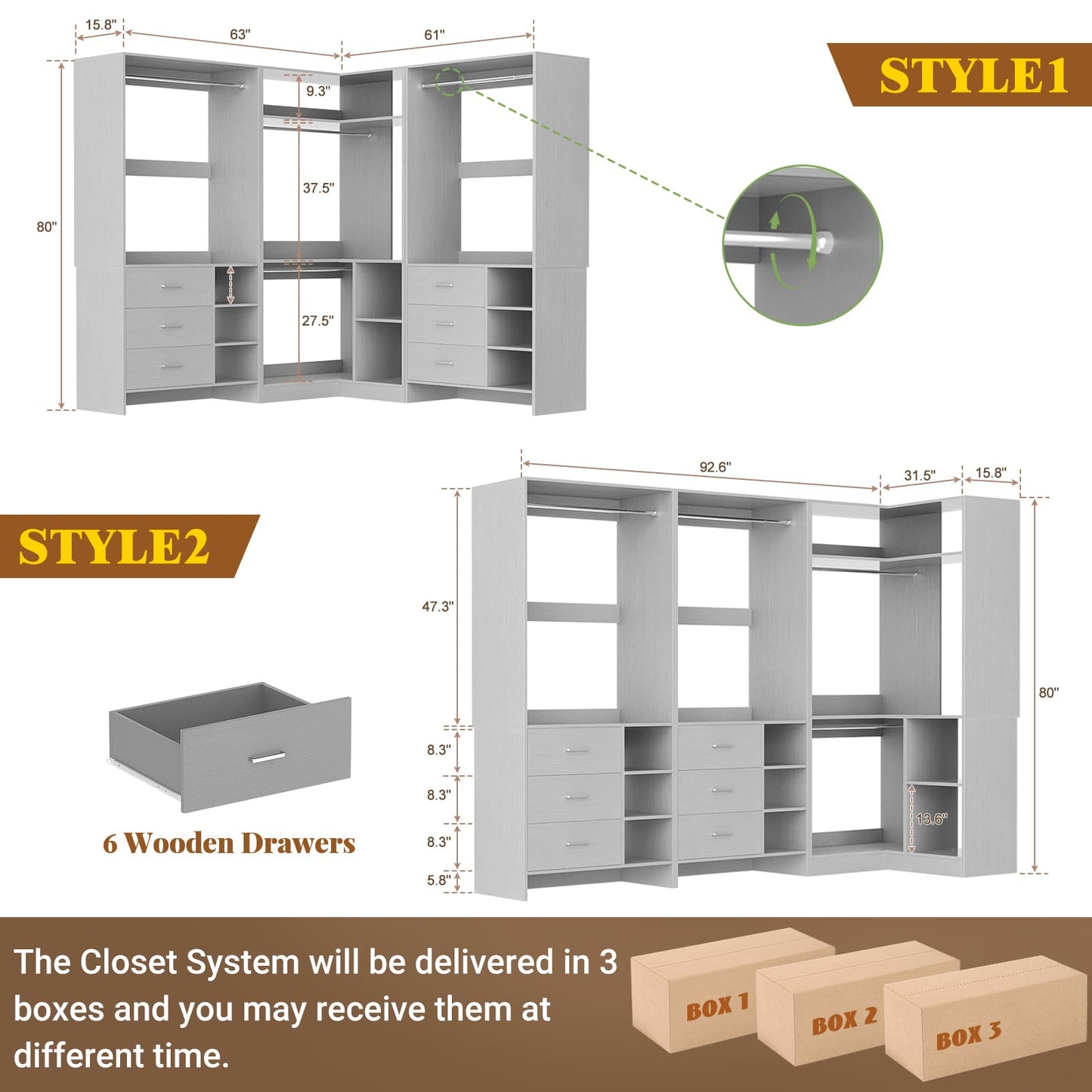 Closet System with 6 Drawers, 4 Hanging Rods & Corner Tower