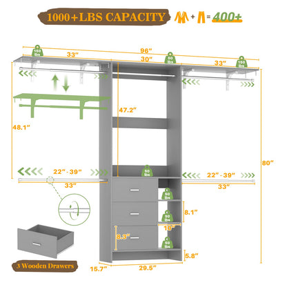 8FT Walk-in Armoire Closet Organizer with 3 Wooden Drawers & Hanging Rods, Adjustable Garment Rack for 5.3-9 ft Spaces,Wardrobe Storage Shelf