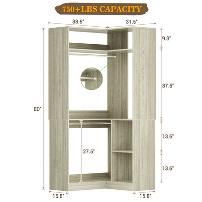 34’’ Corner Closet System with Shelves and Hanging Rods