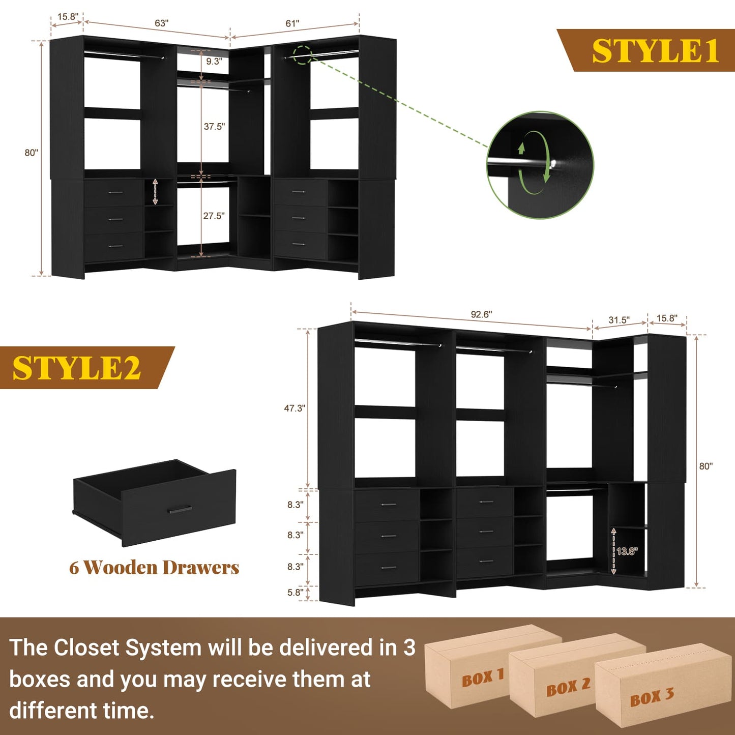 Closet System with 6 Drawers, 4 Hanging Rods & Corner Tower