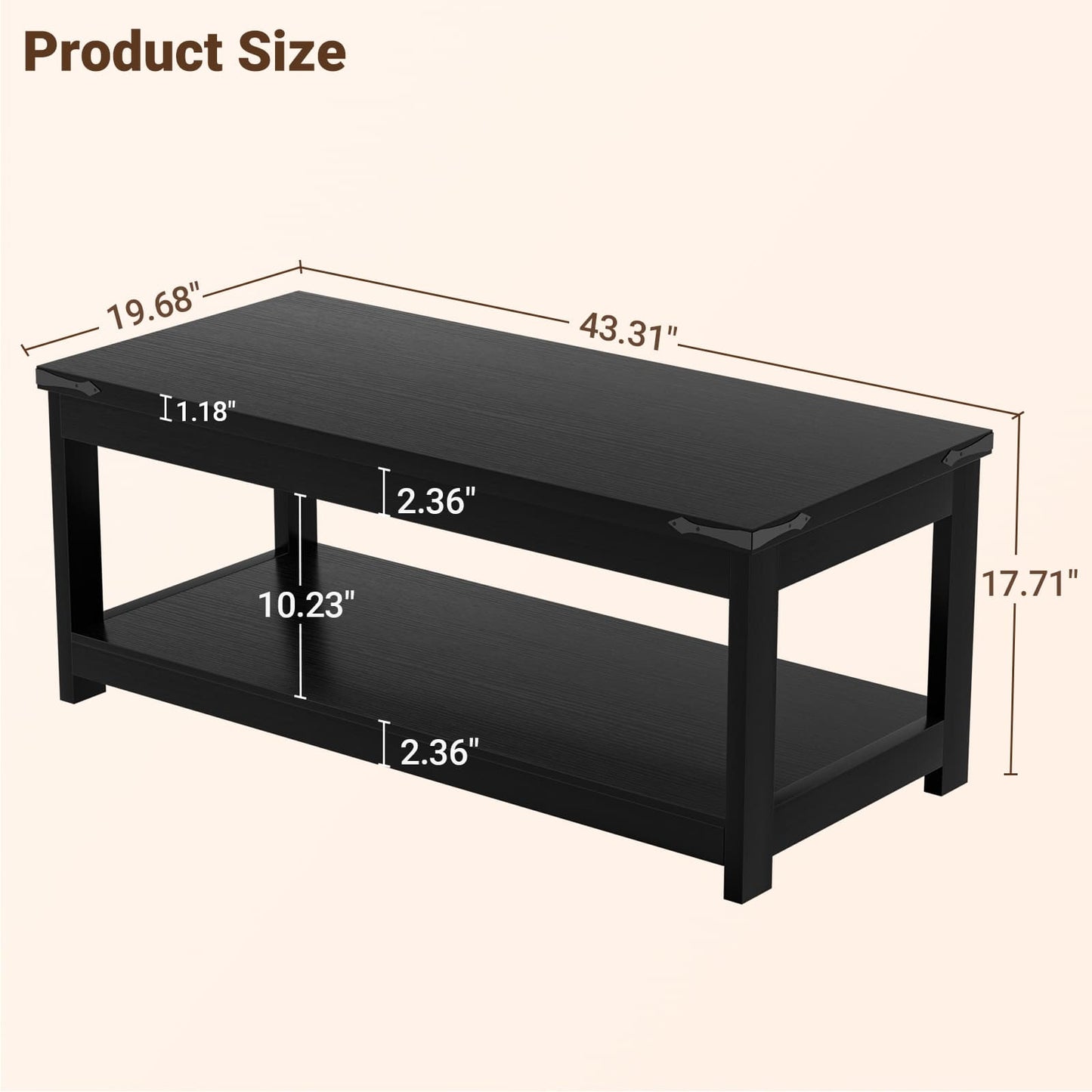 43.3” Rectangular Coffee Table with Storage Shelf