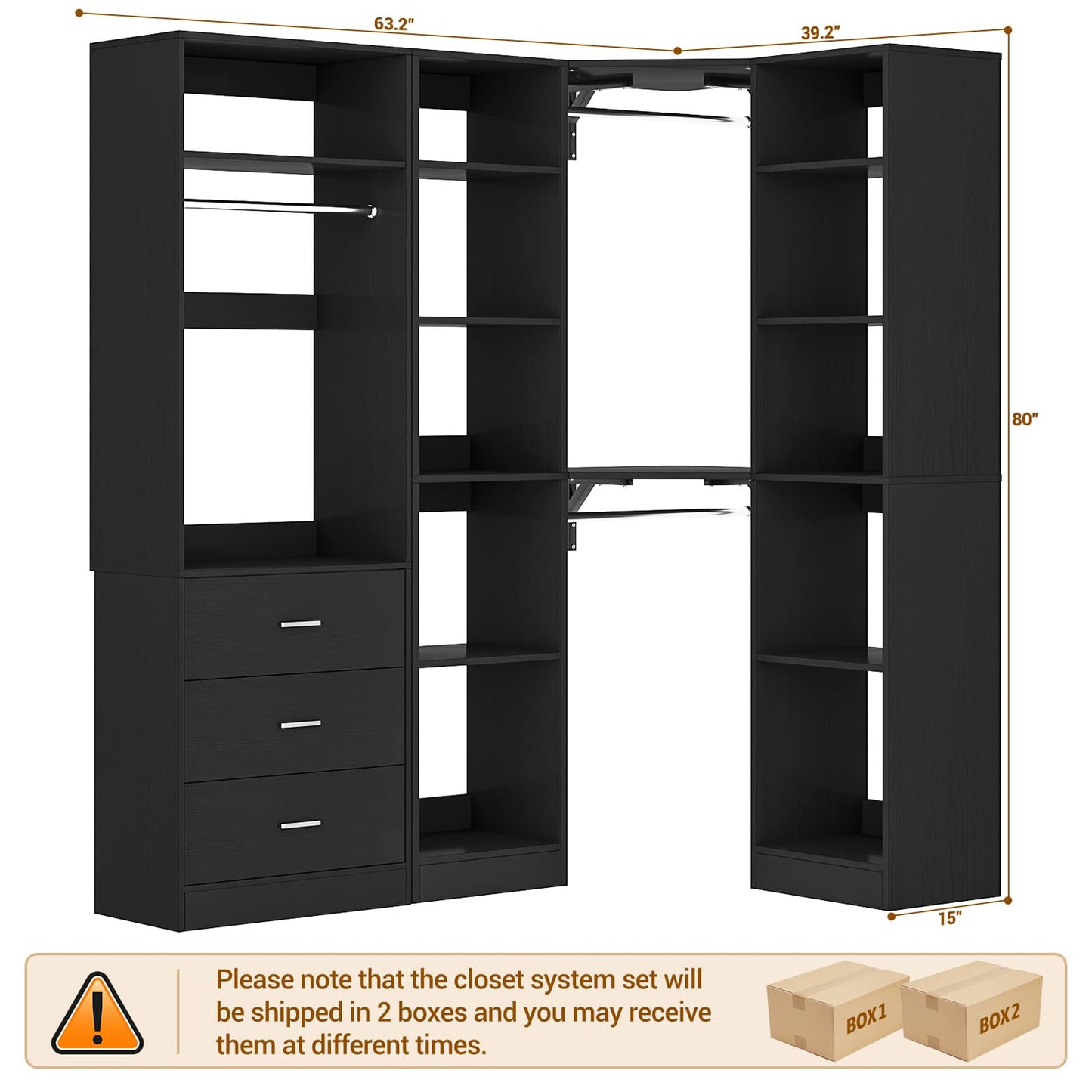 63.2" L X 39.2" W X 80" H Corner Closet System,Freestanding Closet Organizer System With 2 Drawers & 12 Shelves