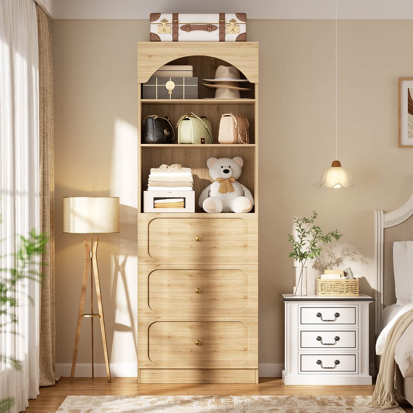 80" Tall Arched Bookcase with 3 Drawers & 3 Open Shelves - Wooden Storage Cabinet for Living Room, Kitchen