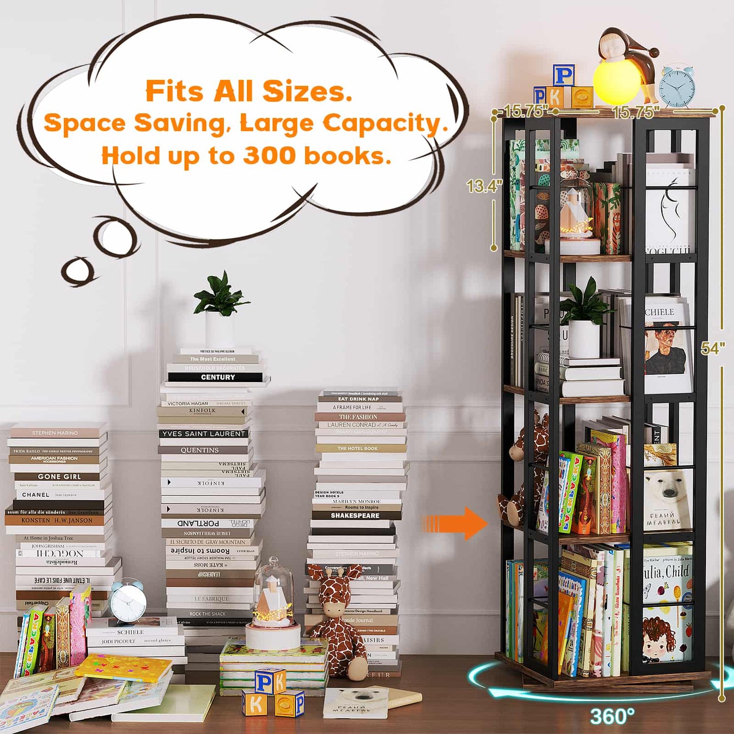 Rotating Bookshelf, Corner Bookshelf, 360 Display Wood Spinning Bookshelf