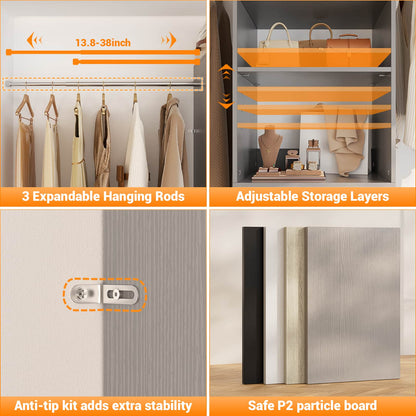 Adjustable 5-8FT Wall-Mounted Closet Organizer System with 3 Hanging Rods & 3 Wood Drawers