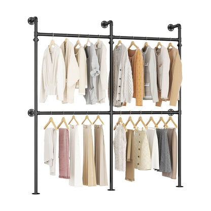 6.75FT Corner L-Shaped Wall Mounted Industrial Pipe Clothing Rack, Heavy Duty Reversible Wardrobe System for Walk-in Closets