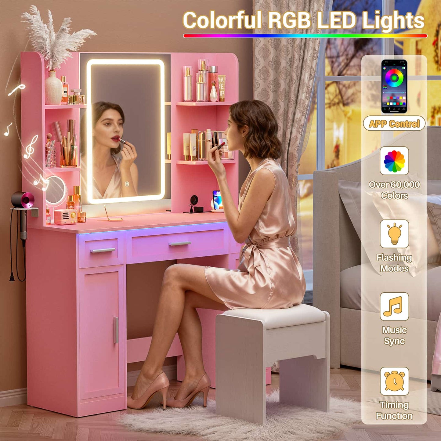 Makeup Vanity Desk with Mirror and Lights 3 Colors