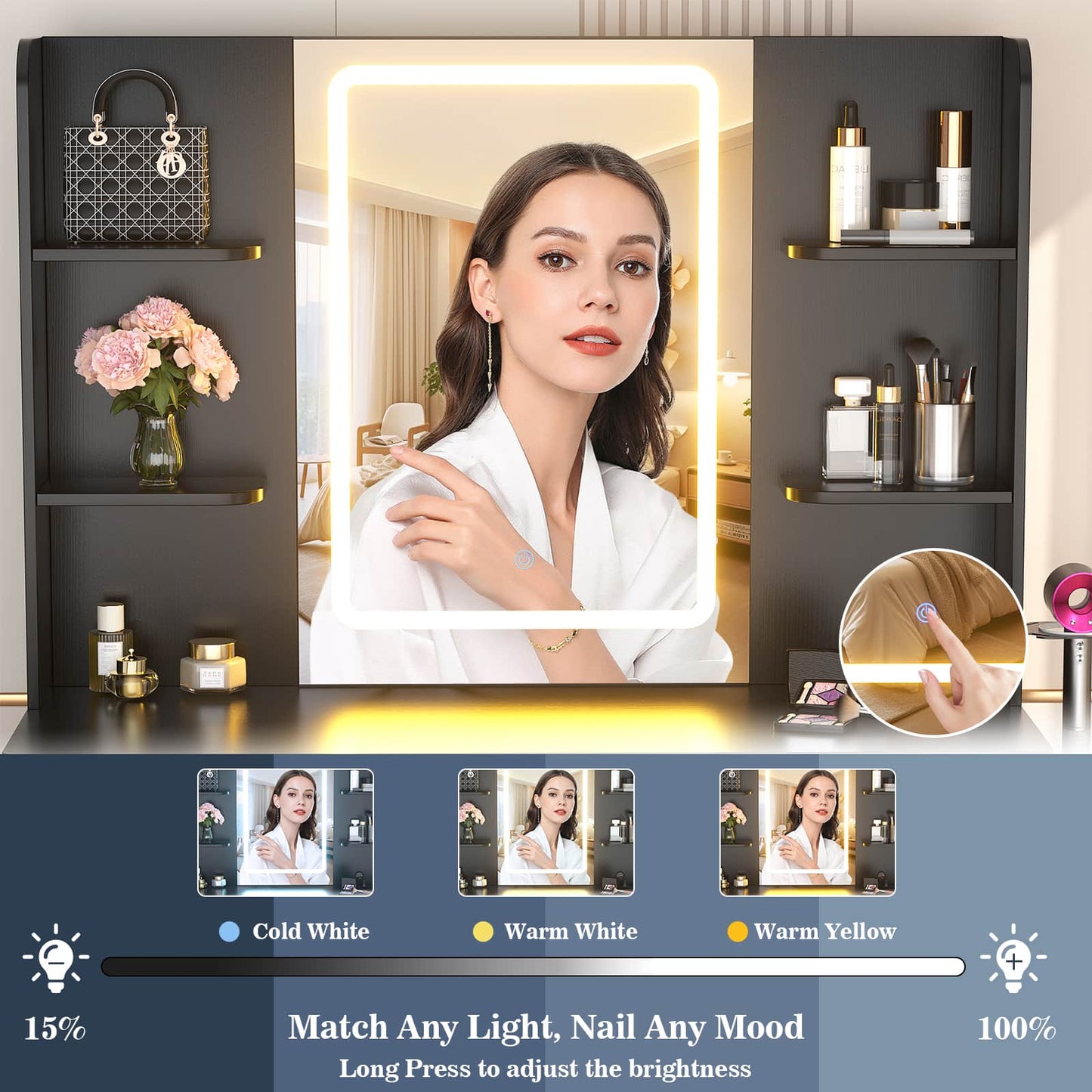 Makeup Vanity Desk with Mirror and Lights 3 Colors