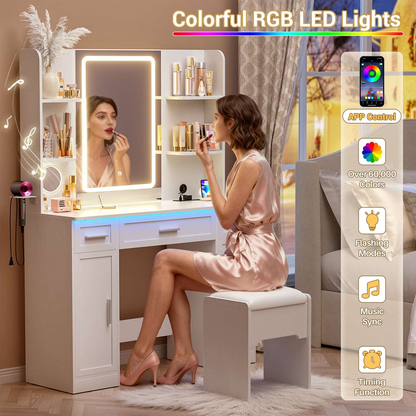 Makeup Vanity Desk with Mirror and Lights 3 Colors