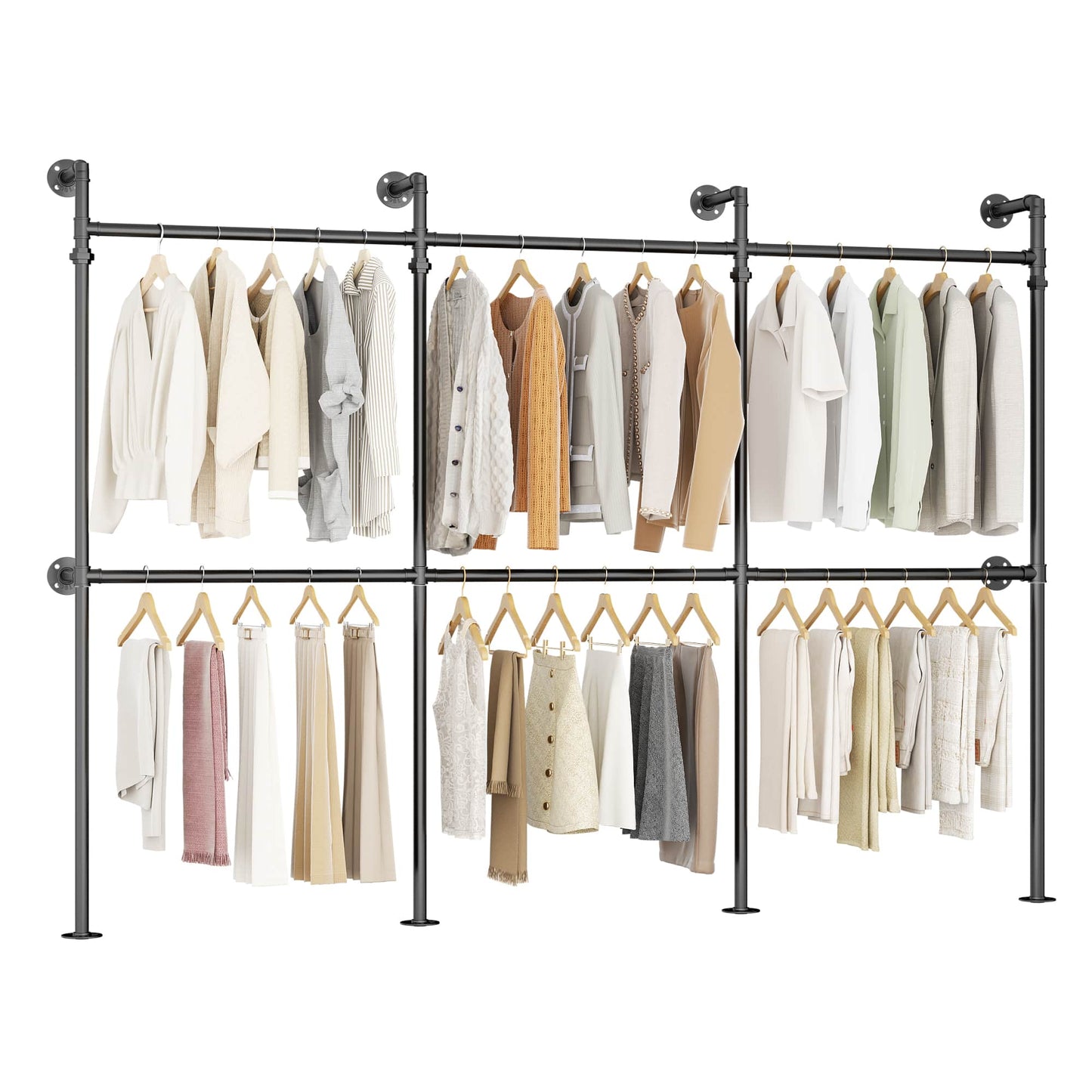 9.85FT Corner L-Shaped Wall Mounted Industrial Pipe Clothing Rack, Heavy Duty Reversible Wardrobe System for Large Walk-in Closets