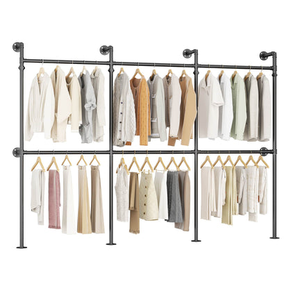 9.85FT Corner L-Shaped Wall Mounted Industrial Pipe Clothing Rack, Heavy Duty Reversible Wardrobe System for Large Walk-in Closets