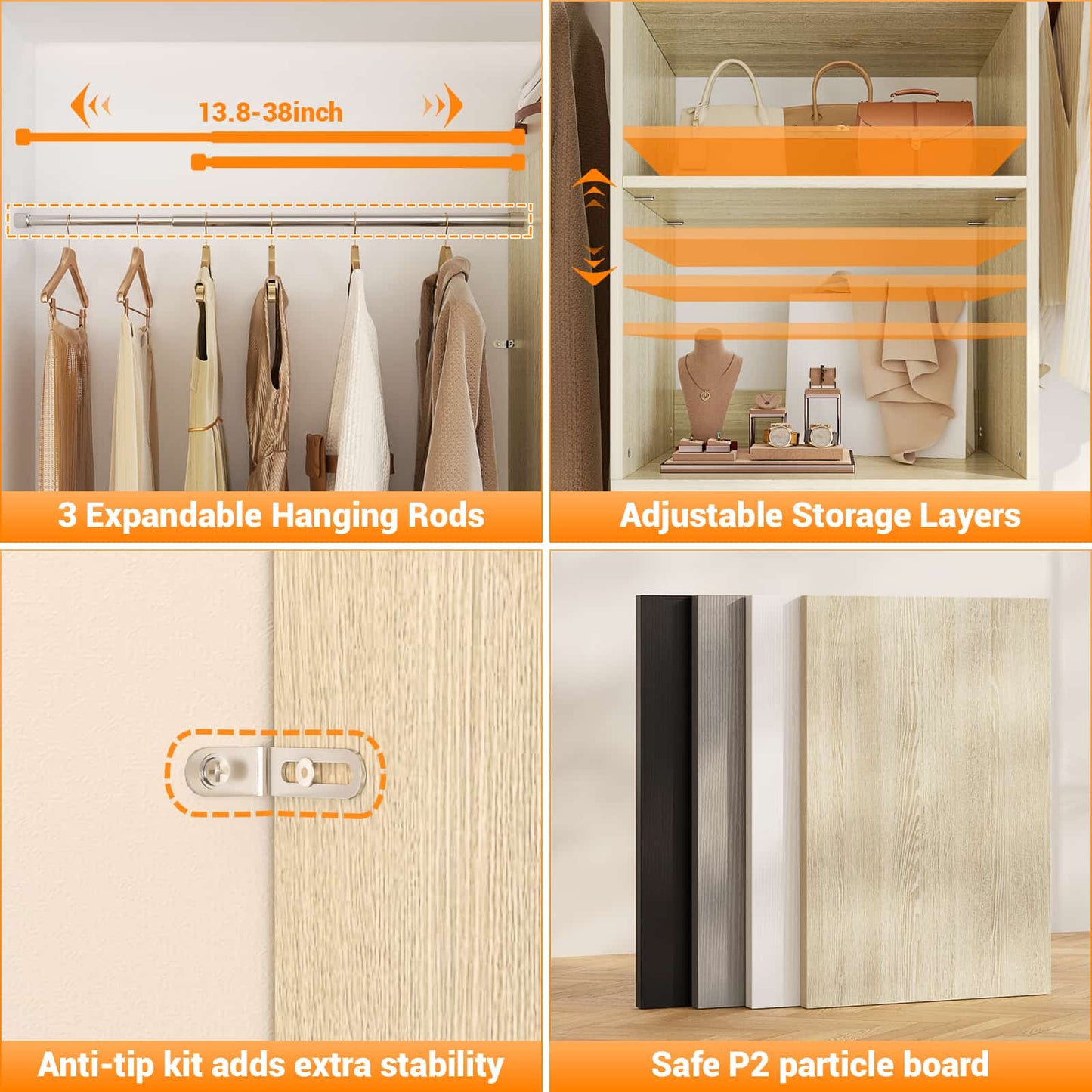Adjustable 5-8FT Wall-Mounted Closet Organizer System with 3 Hanging Rods & 3 Wood Drawers