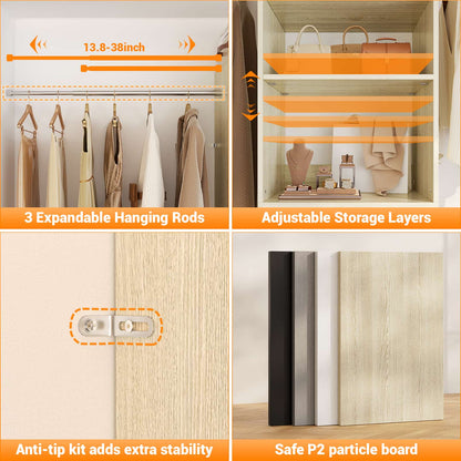Adjustable 5-8FT Wall-Mounted Closet Organizer System with 3 Hanging Rods & 3 Wood Drawers