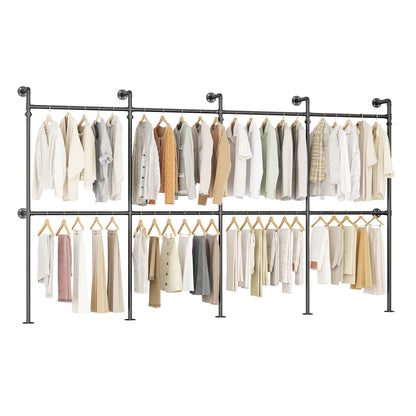 13FT Large Corner L-Shaped Wall Mounted Industrial Pipe Clothing Rack, Heavy Duty Reversible Walk-in Closet Wardrobe System