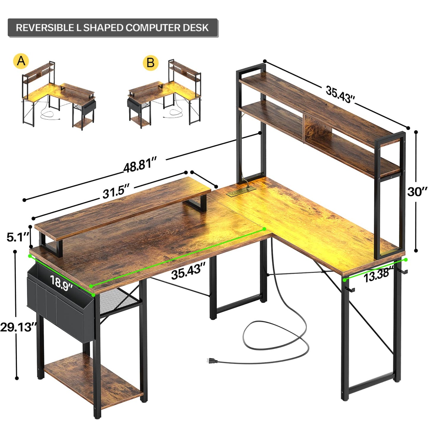 L Shaped Computer Desk with Power Outlets & LED Lights