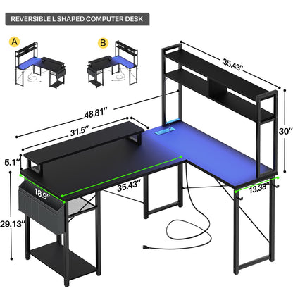 L Shaped Computer Desk with Power Outlets & LED Lights