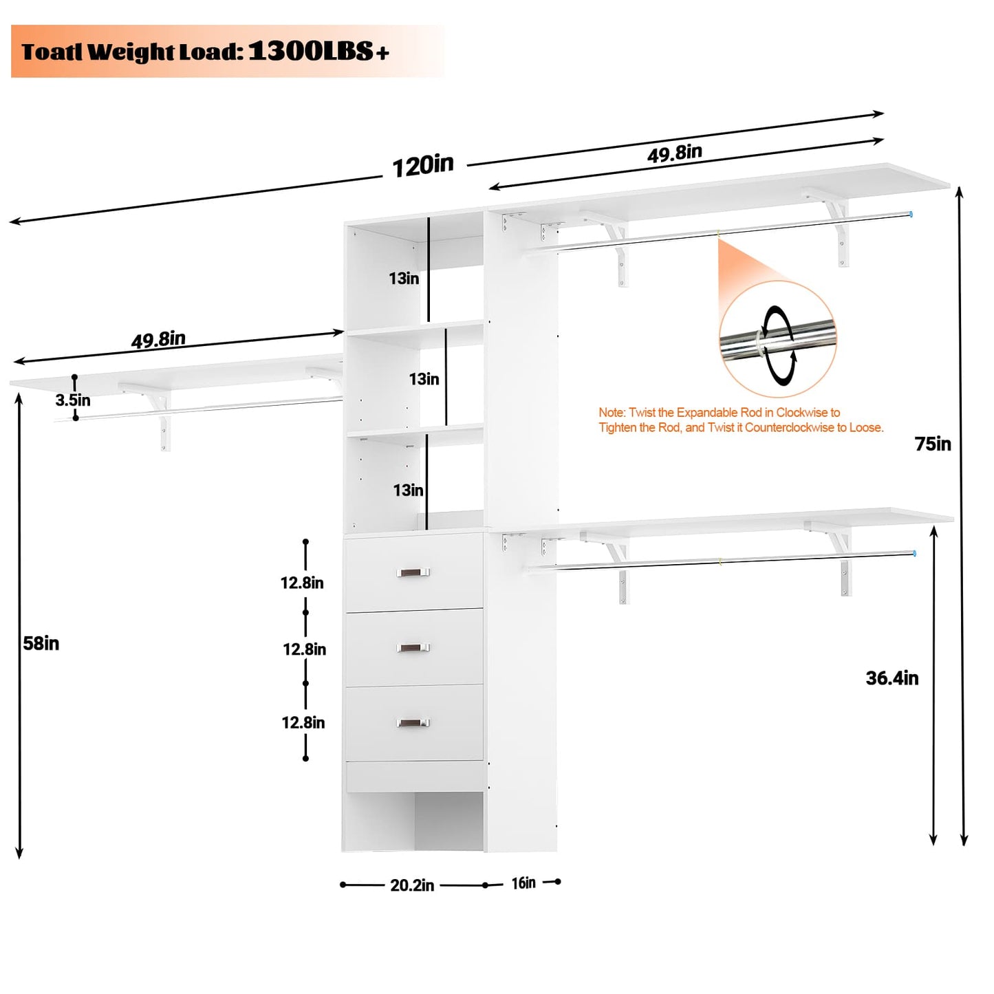 120'' W Closet System with Drawers, Closet Organizer with 3 Shelving Towers