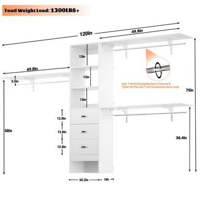 120'' W Closet System with Drawers, Closet Organizer with 3 Shelving Towers