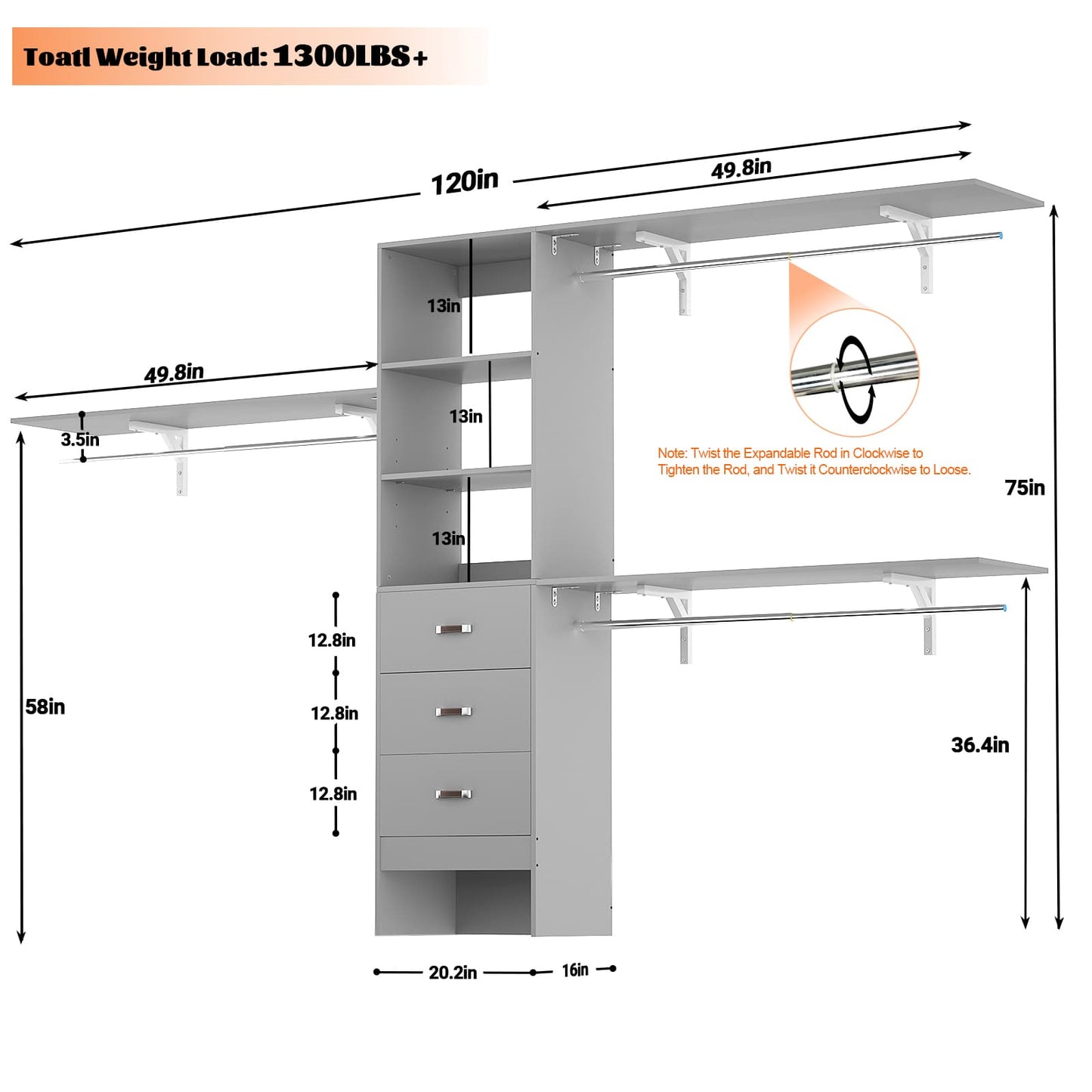 120'' W Closet System with Drawers, Closet Organizer with 3 Shelving Towers