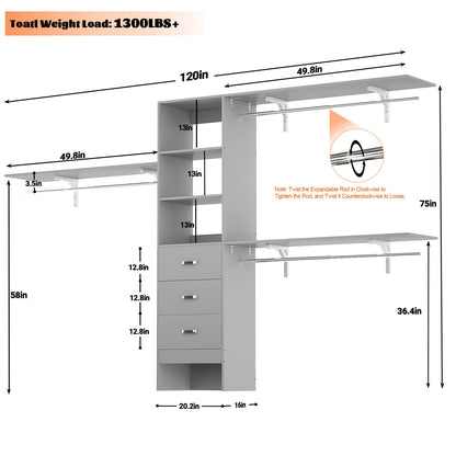 120'' W Closet System with Drawers, Closet Organizer with 3 Shelving Towers