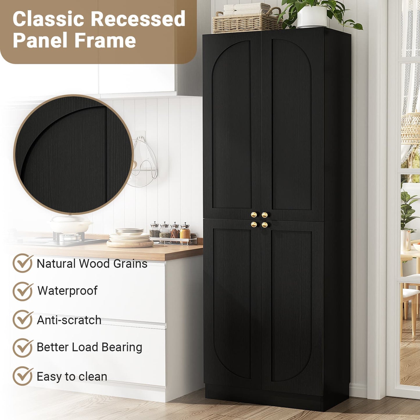 80" Kitchen Pantry, Extra Tall Arch Storage Cabinet with 4 Doors and Adjustable Shelves