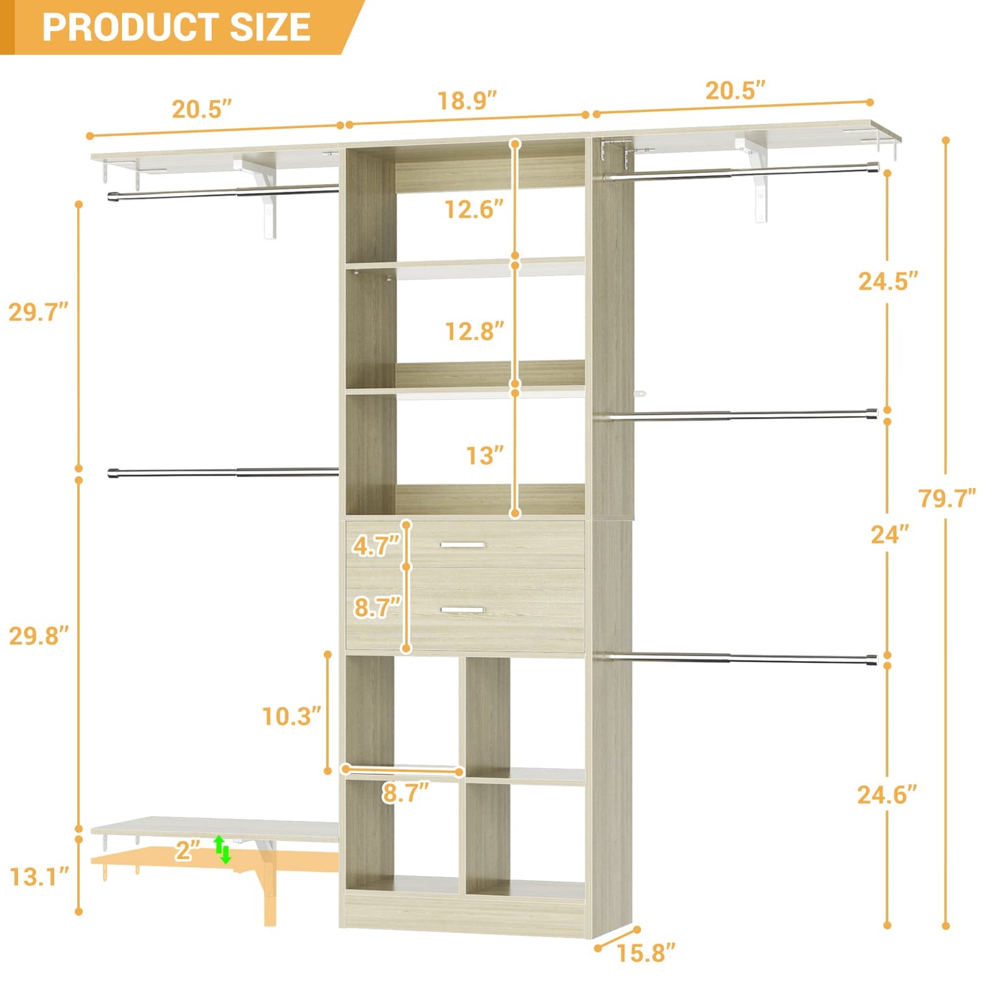 5FT Small Closet System, Baby Closet Organizer System with Wooden Drawers