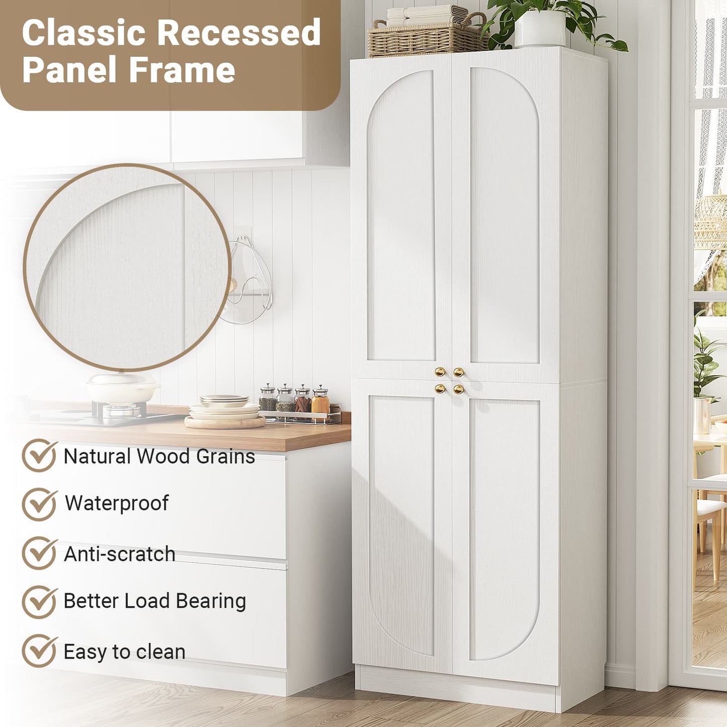 80" Kitchen Pantry, Extra Tall Arch Storage Cabinet with 4 Doors and Adjustable Shelves