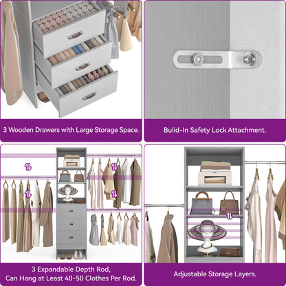 96" Closet System Value 4-Pack with 12 Hanging Rods & 12 Wooden Drawers - Adjustable (5-8FT Each)