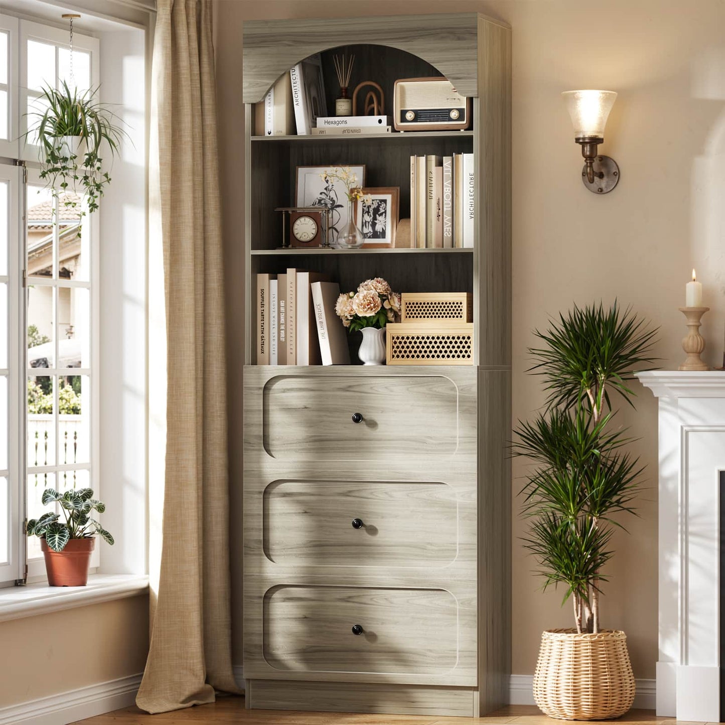 80" Tall Arched Bookcase with 3 Drawers & 3 Open Shelves - Wooden Storage Cabinet for Living Room, Kitchen