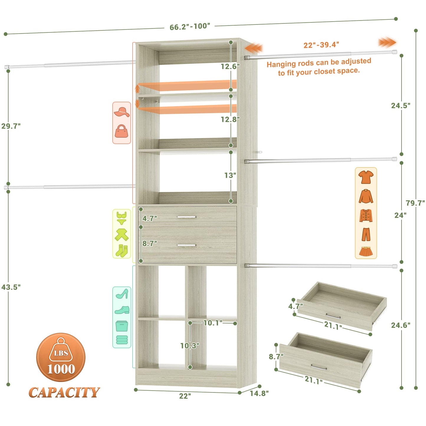 4-8 FT Walk-in Closet Organizer Tower, 2 Wooden Drawers + 5 Hang Rods, Built-in Shelves, Fit 60-96'' Closet Systems