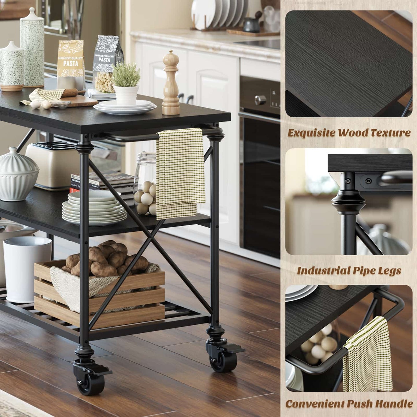 Industrial Mobile Kitchen Island Cart with Wheels: 3-Tier Storage, Lockable Casters for Kitchen, Dining & Small Spaces
