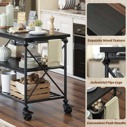 Industrial Mobile Kitchen Island Cart with Wheels: 3-Tier Storage, Lockable Casters for Kitchen, Dining & Small Spaces